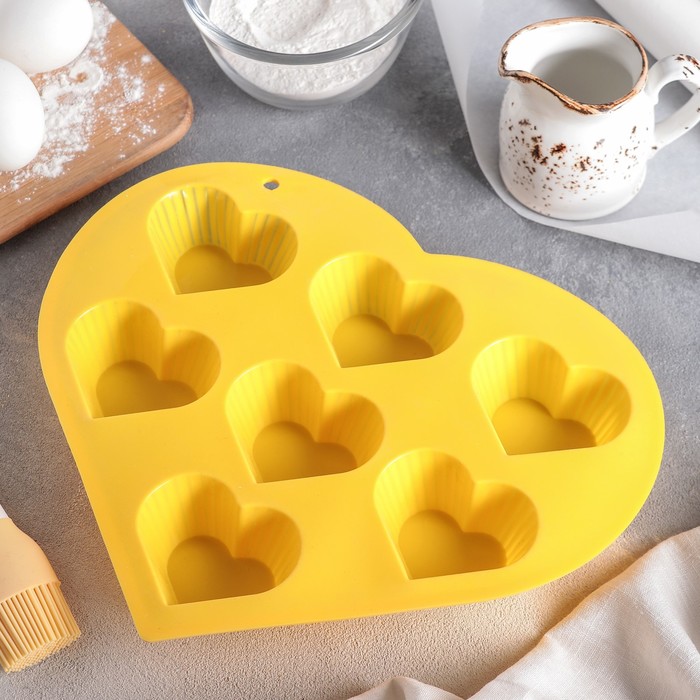 Форма для выпечки, 6 ячеек, 25х22х3,5 см "Сердце. Риб", цвета МИКС