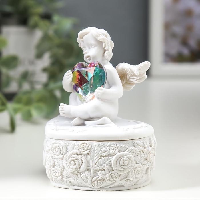 Сувенир полистоун шкатулка "Белоснежный ангел с переливающимся сердцем" 8х6,5х5,4 см