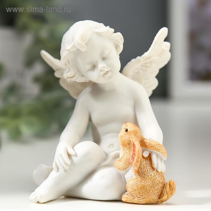 Сувенир полистоун Белоснежный ангел с цветным кроликом 6,8х6,5х6 см цена и фото