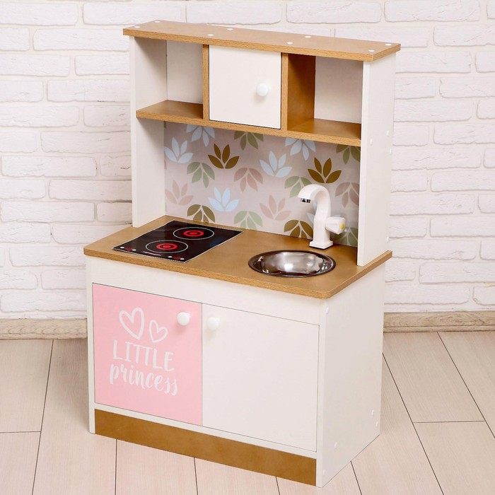 фото Набор игровой мебели «детская кухня sitstep», бело-бежевый корпус, фасады бело-розовые, фартук цветы zabiaka