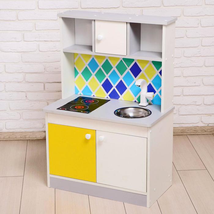 фото Набор игровой мебели «детская кухня sitstep», бело-серый корпус, фасады бело-жёлтые, фартук ромб zabiaka