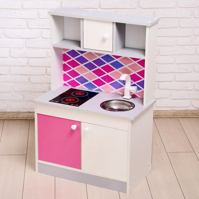 фото Набор игровой мебели «детская кухня», цвет корпуса бело-серый, цвет фасада бело-малиновый, фартук ромб zabiaka
