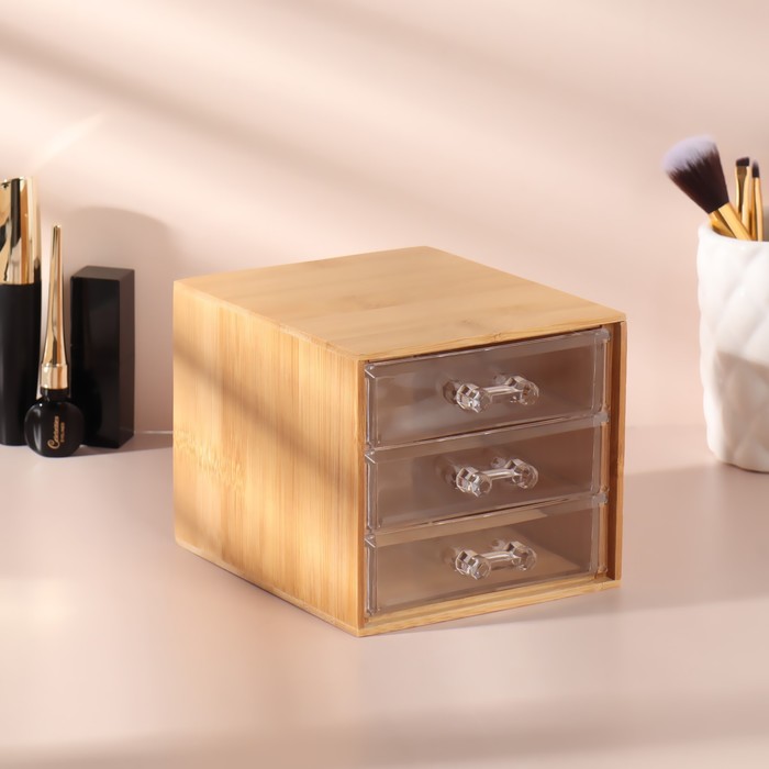 

Бокс для хранения маникюрных/косметических принадлежностей «BAMBOO», 3 выдвижных ящика, 14 × 12 × 11,5 см, в картонной коробке, цвет прозрачный/коричневый