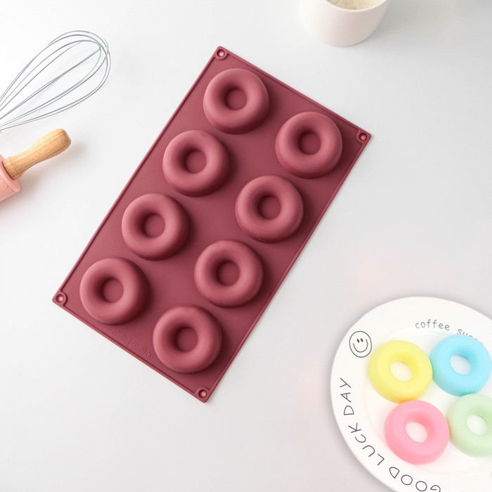 Форма для выпечки Доляна «Сладости. Пончики», 29×17 см, 8 ячеек (d=6 см), цвет МИКС форма силиконовая для шоколада 3d доляна сердце 17×29 см 6 ячеек 8 5×6 2 см цвет микс