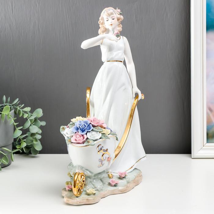 сувенир керамика под фарфор девушка с тележкой цветов 35*27*15 см
