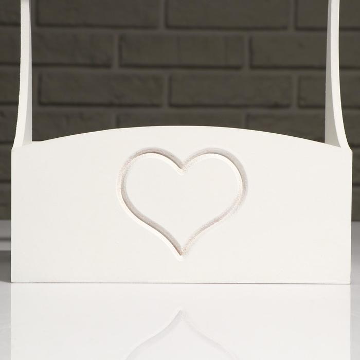 Кашпо деревянное "Symmetric Heart", с ручкой, белый, 25×12,5×10(28) см