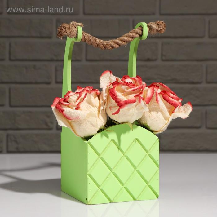 фото Кашпо деревянное "symmetric cell", ручка верёвка, зелёный , 12,5×12,5×10(28) см