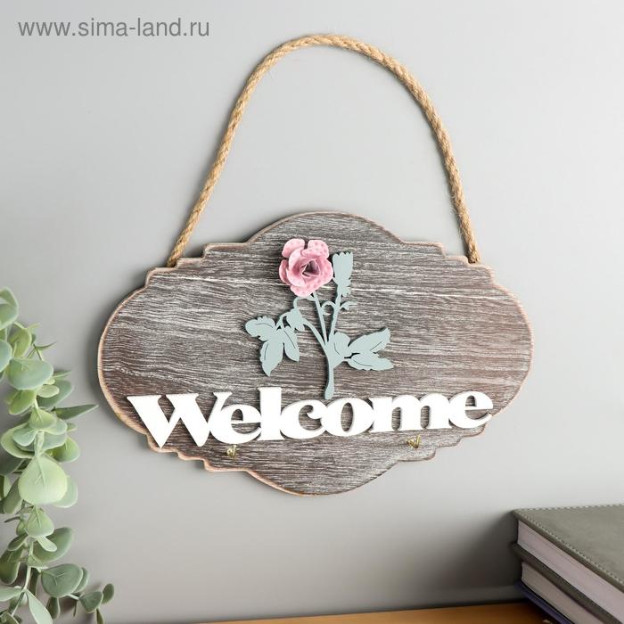 фото Крючки декоративные дерево "розовая роза - welcome" 15х22,5х2,5 см