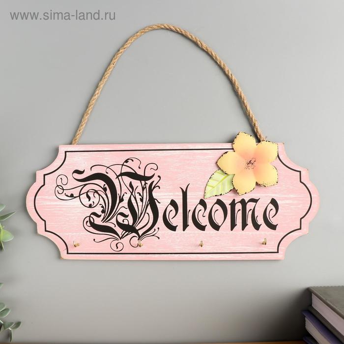 фото Крючки декоративные дерево "вывеска welcome с цветком" 11,8х30х2,5 см