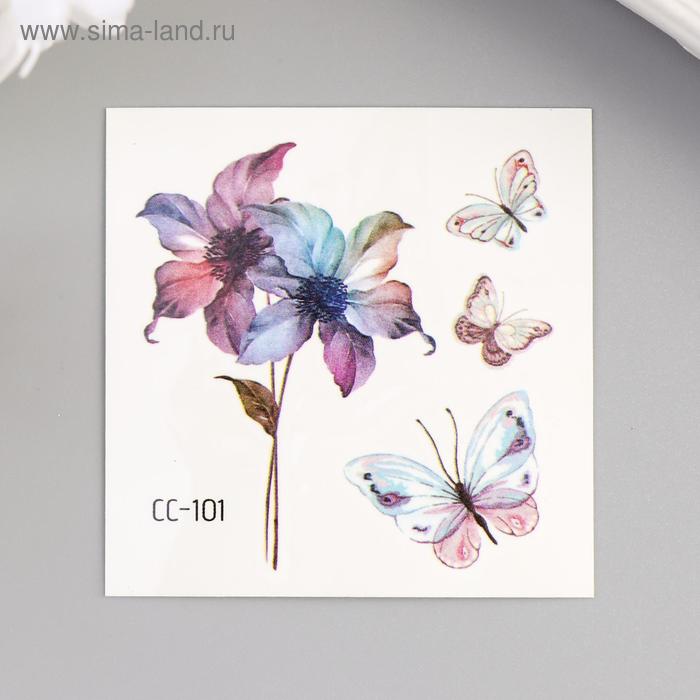Татуировка на тело цветная Акварельные цветы и бабочки 6х6 см цена и фото