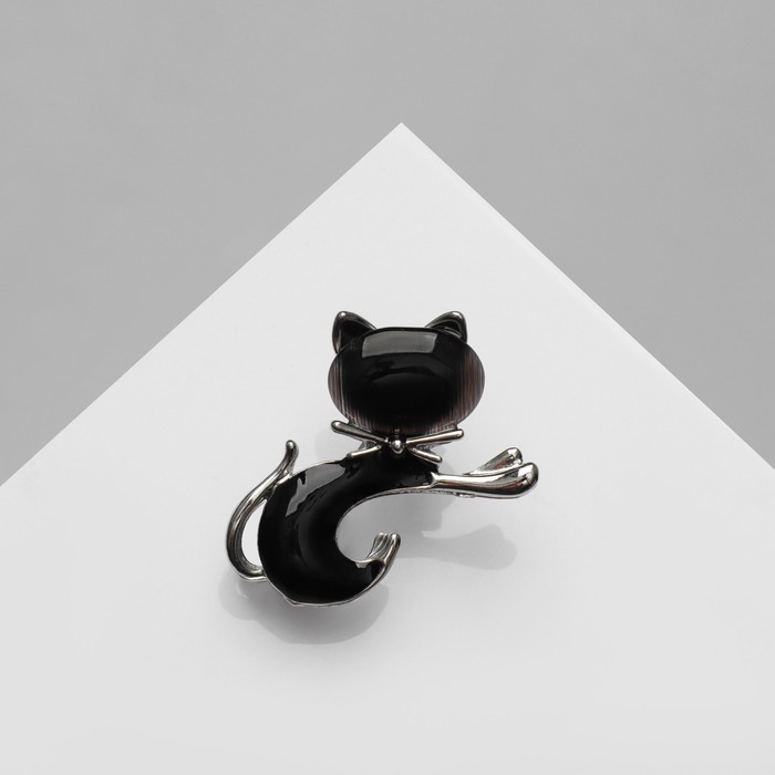 Брошь «Кошечка» с бантом, цвет чёрный в серебре