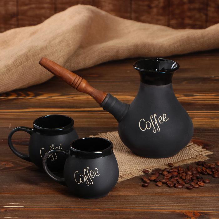 фото Кофейный набор coffee, черный, 3 предмета: турка 0.65 л, чашки 0.2 л керамика ручной работы