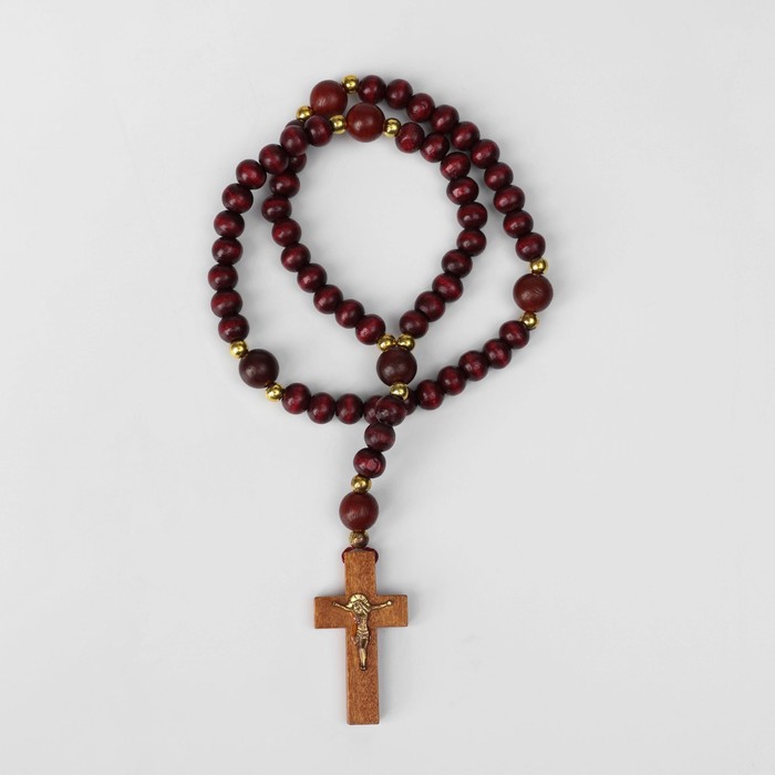 Чётки деревянные «Православные» с крестиком, 50 бусин через золотистый шарик, цвет тёмно-коричневый