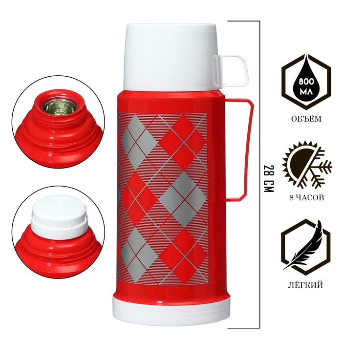 фото Термос 1 л, со стеклянной колбой, сохраняет тепло 8 ч, 12 х 28 см, красный take it easy