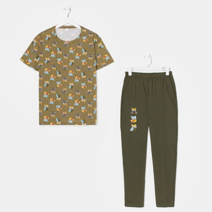 Комплект (футболка, брюки) женский, цвет хаки/совята, размер 54