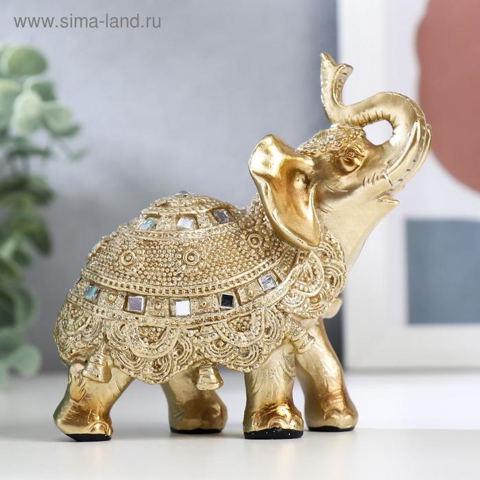 фото Сувенир полистоун "золотой слонёнок с попоной из бисера с колокольчиками"микс 11,5х11х5,5 см
