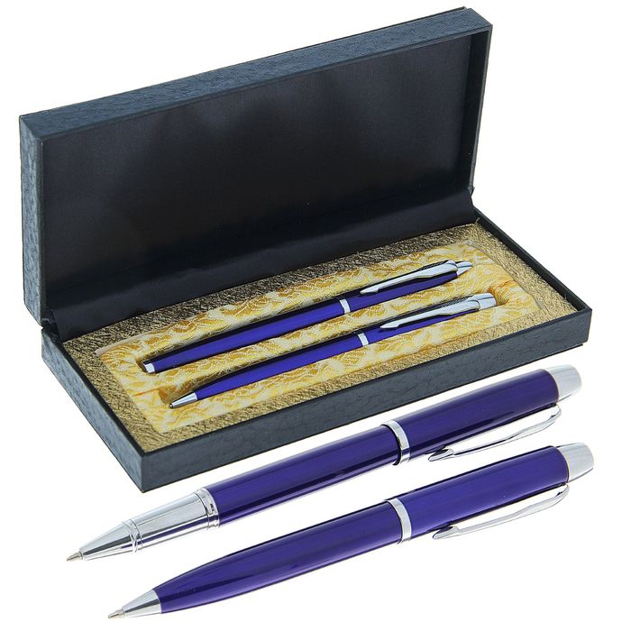Ручки шариковые подарочные в кожзам футляре 2шт "Президент" синие с серебристыми вставками