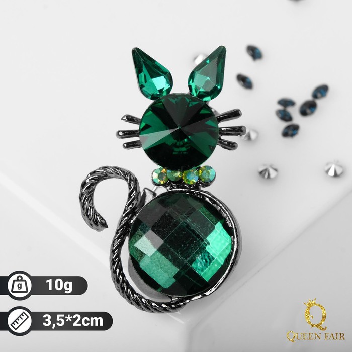 

Брошь "Кошечка" острые ушки, цвет зелёный в сером металле