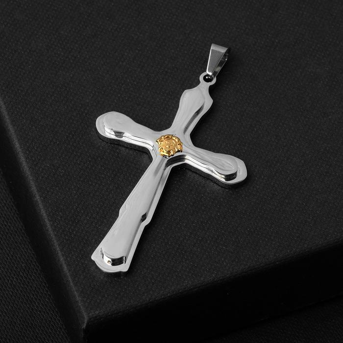 Подвеска Крест стальной, плоский, цвет серебряно-золотой, L6,5 см