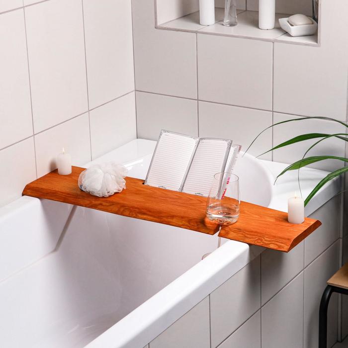 Столик на ванну деревянный, накладная, с вырезом для гаджетов, ясень, 80х20х2 см