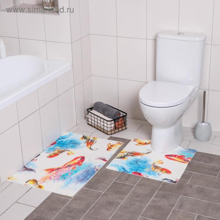 фото Набор ковриков для ванны и туалета «рыбка», 2 шт: 50×50, 50×80 см вилина