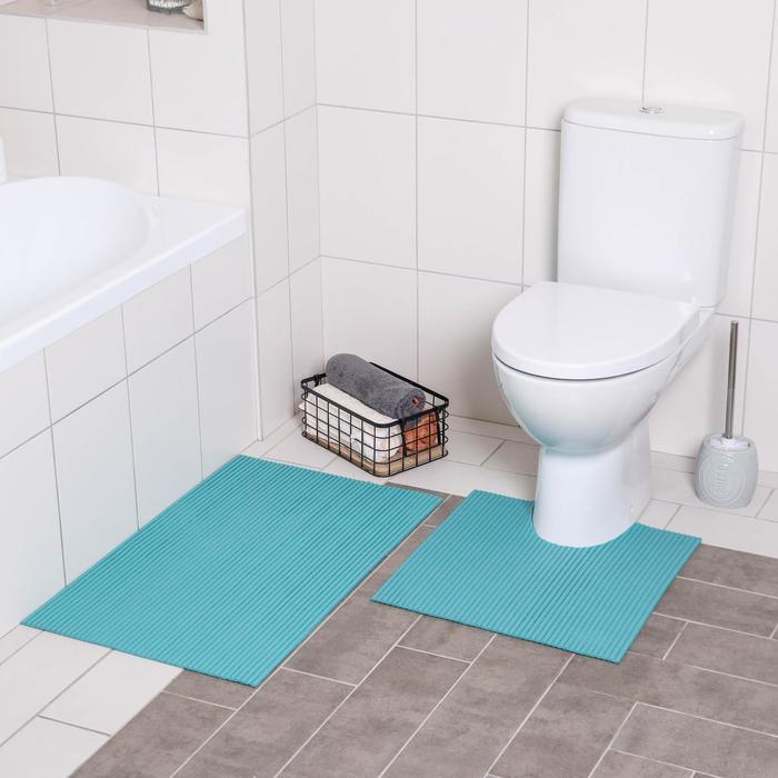 фото Набор ковриков для ванны и туалета «моно голубой», 2 шт: 50×50, 50×80 см вилина