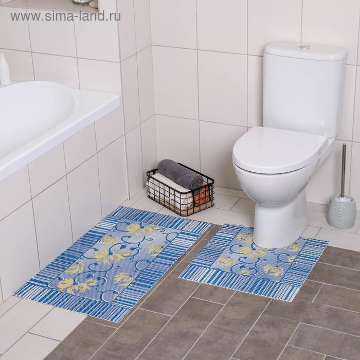 фото Набор ковриков для ванны и туалета «листья голубые», 2 шт: 50×50, 50×85 см вилина