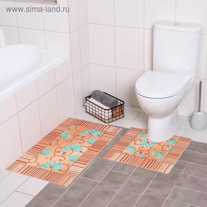 фото Набор ковриков для ванны и туалета «листья бежевые», 2 шт: 50×50, 50×85 см вилина