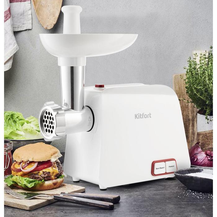 Купить Мясорубка электрическая Kitfort KT-2107, 1000 Вт, 1.2 кг/мин, 4 насадки, реверс, белая Мясорубка электрическая Kitfort KT-2107, 1000 Вт, 1.2 кг/мин, 4 насадки, реверс, белая
