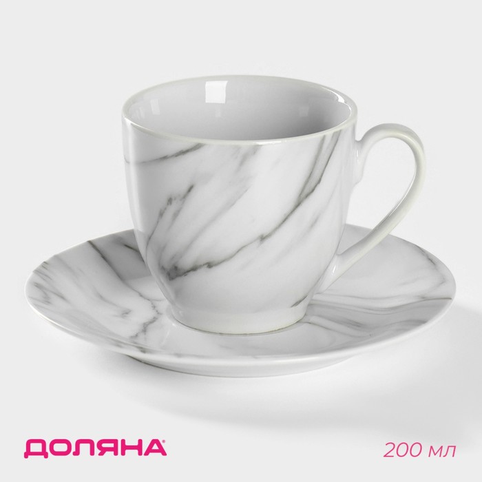 Чайная пара керамическая Доляна «Мрамор», 2 предмета: чашка 200 мл, блюдце d=14,5 см, цвет серый чайная пара керамическая аура чашка 200 мл блюдце d 13 см цвет бежевый