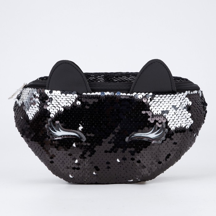 фото Сумка поясная с пайетками black cat, с ушками, цвет чёрный