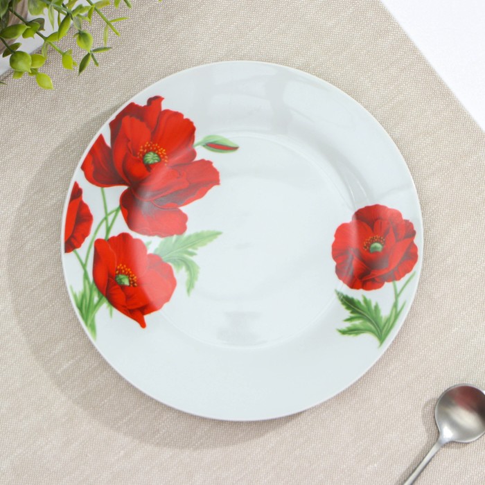 Тарелка керамическая десертная Доляна «Маки», d=19 см, цвет белый тарелка керамическая обеденная доляна маки d 23 см цвет белый