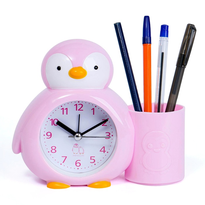 Будильник "Пингвинёнок", с карандашницей, дискретный ход, d=6 см, 12 х 14.5 см, розовый