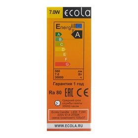 

Лампа светодиодная Ecola "свеча", 7 Вт, Е14, 2700 К, 220 В, 105х37 мм