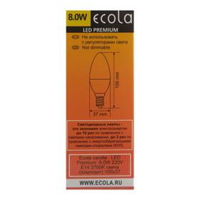 

Лампа светодиодная Ecola Premium "свеча", 8 Вт, Е14, 2700 К, 220 В, 100х37 мм