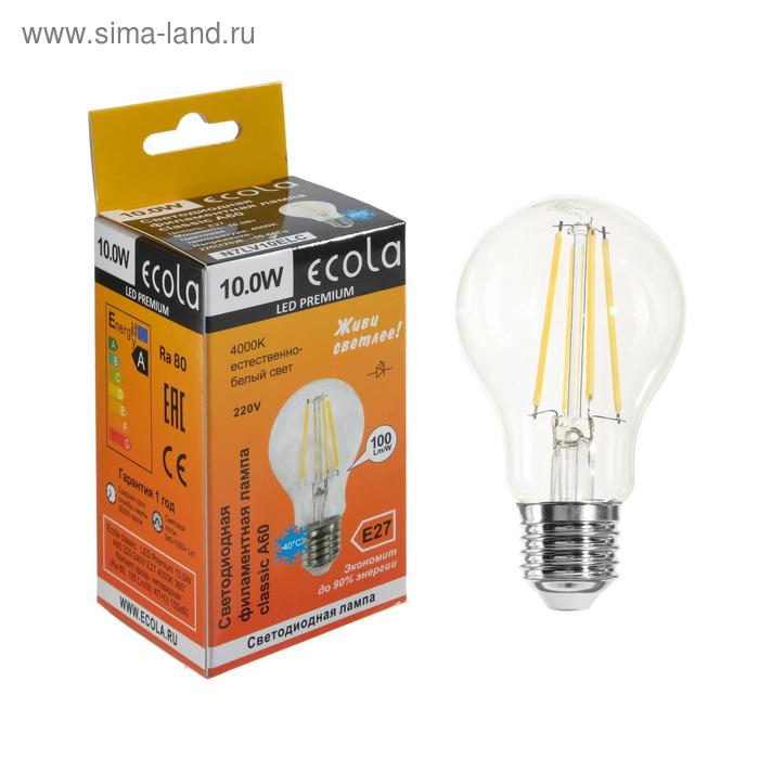 фото Лампа светодиодная филаментная ecola classic premium, а60, 10 вт, е27, 4000 к, 360°, 220 в