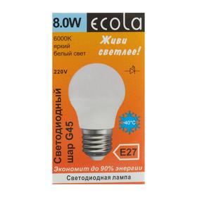 

Лампа светодиодная Ecola globe "шар", G45, 8 Вт, Е27, 6000 К, 220 В, 78х45 мм