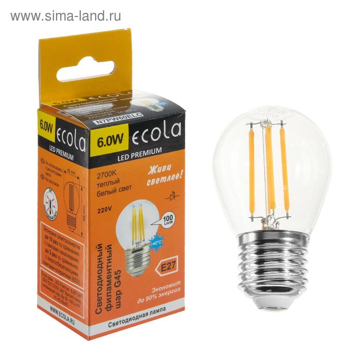 фото Лампа светодиодная филаментная ecola globe premium "шар", g45, 6 вт, е27, 2700 к,360°, 220 в