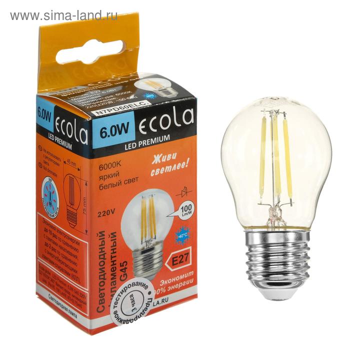 фото Лампа светодиодная филаментная ecola globe premium "шар", g45, 6 вт, е27, 6000 к,360°, 220 в