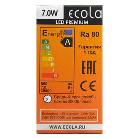 

Лампа светодиодная Ecola globe Premium "шар", G45, 7 Вт, Е27, 4000 К, 220 В, 82х45 мм