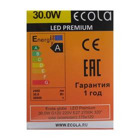 

Лампа светодиодная Ecola globe Premium "шар", G120, 30 Вт, Е27, 2700 К, 320°, 220 В, 170х120