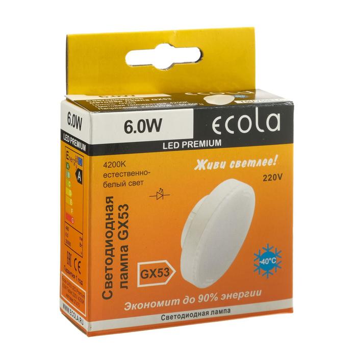 Лампа светодиодная Ecola Premium, 6 Вт, GX53, 4200 К, 220 В, 27х75 мм, матовая