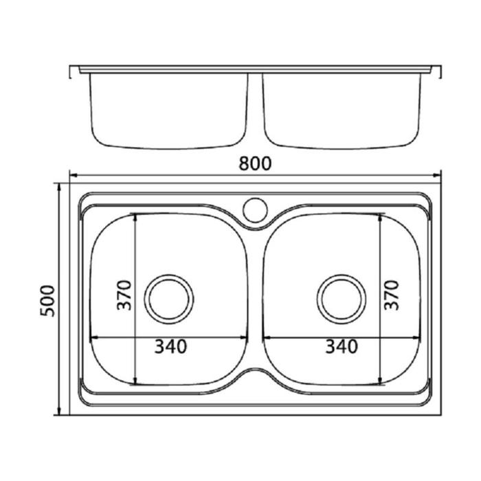 Мойка кухонная MIXLINE 530528, накладная, двойная, 0.6 мм, 80х50х18 см, 3 1/2", с сифоном