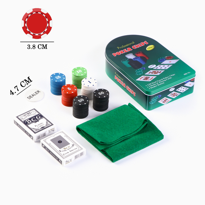 Набор для игры в покер: 2 колоды карт микс,120 фишек с ном, сукно 57х40 см, металл.коробка