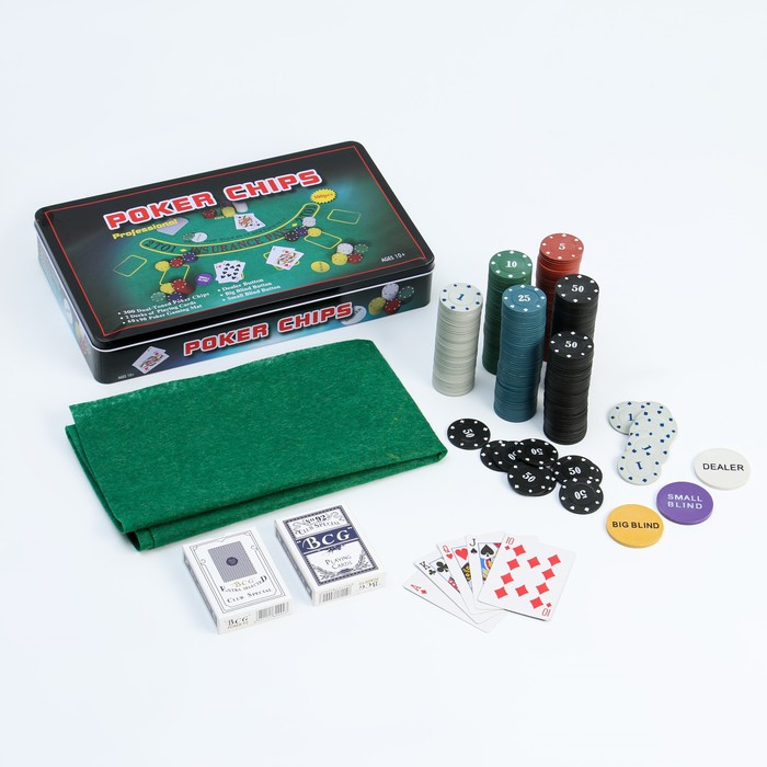 Покер, набор для игры (карты 2 колоды, фишки 300 шт.), с номиналом, 60 х 90 см покер набор для игры карты 2 колоды кубики игральные 6 шт микс