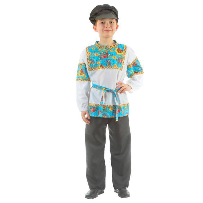 фото Русский костюм «сказочные цветы», рубашка, штаны, фуражка, р. 36, рост 134-140 см, цвет голубой страна карнавалия