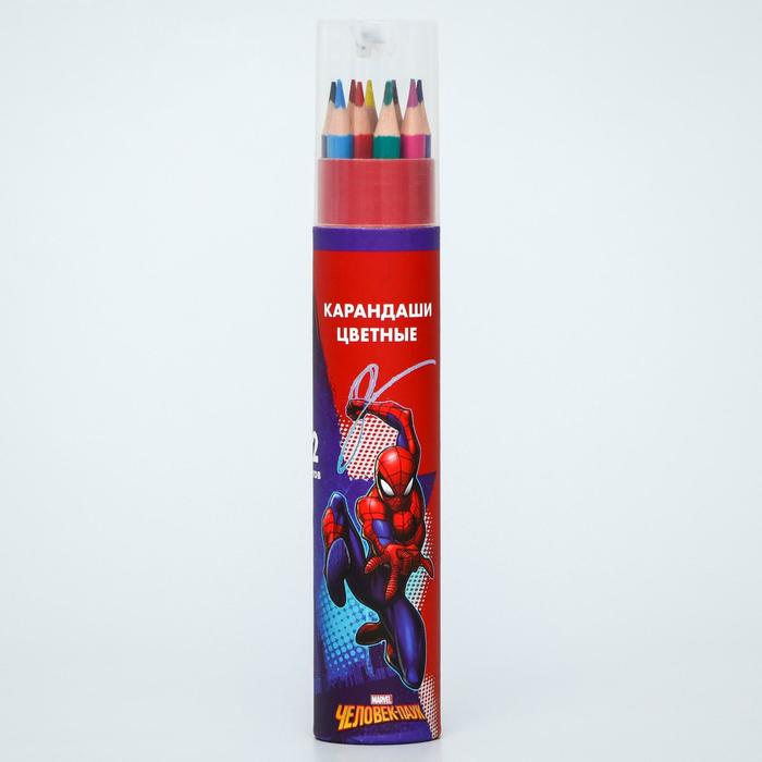 фото Карандаши цветные с точилкой в тубусе, 12 цветов, "супергерой", человек-паук marvel
