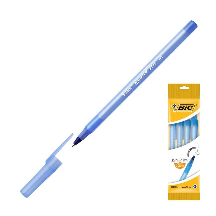 Ручка шариковая, синяя, среднее письмо, набор 4 штуки, BIC Round Stic Classic