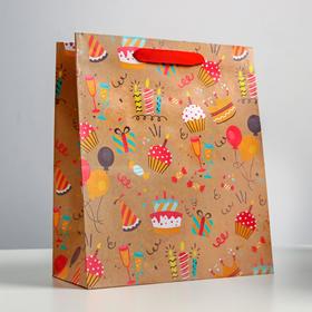 Пакет подарочный крафтовый вертикальный, упаковка, Happy birthday, ML 23 х 27 х 11.5 см