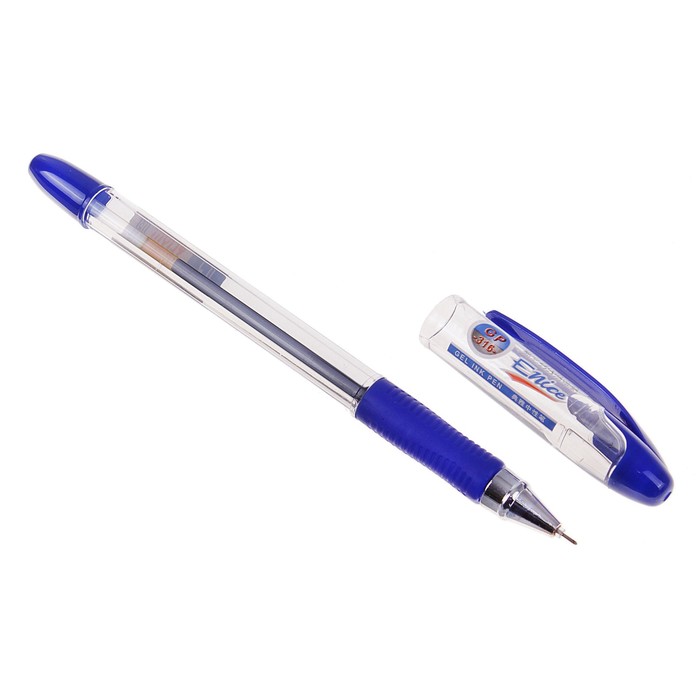 Ручка гелевая 0,5мм синяя Enice G-316 прозрачный корпус с резиновым держателем, игольчатый пишущий узел